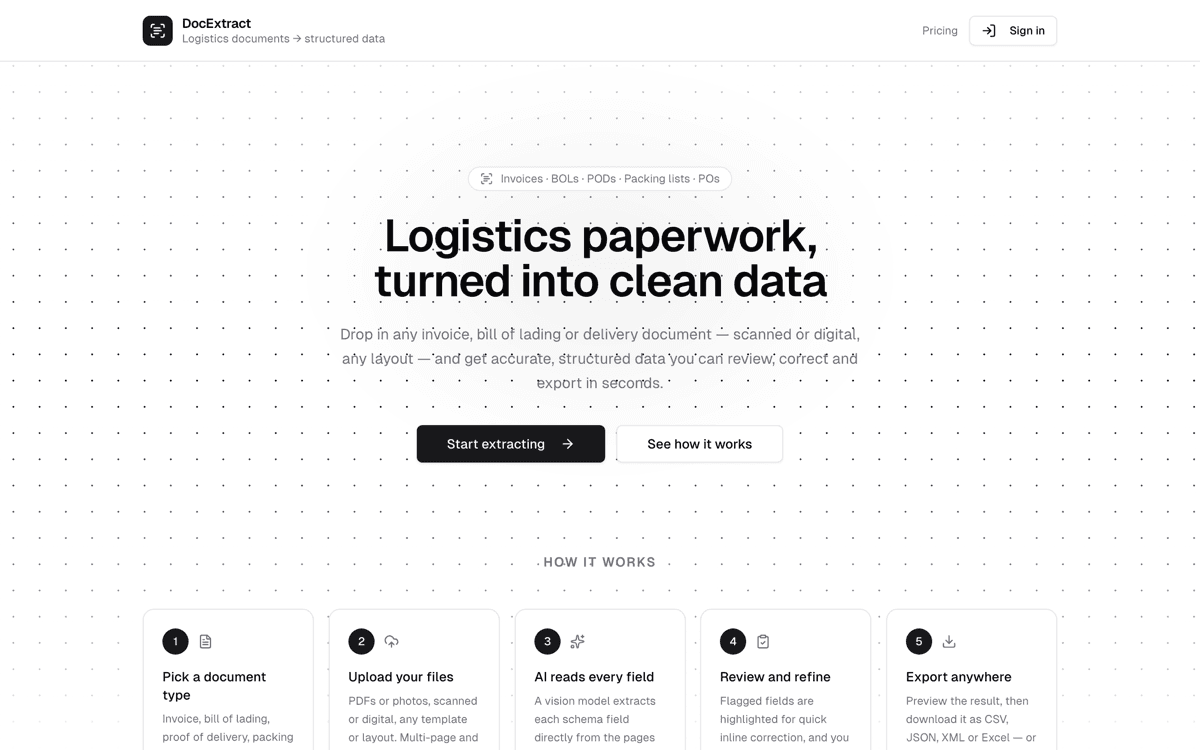 Landing page of DocExtract