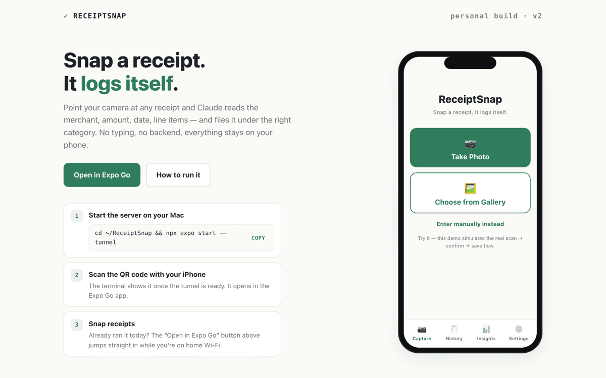 Landing page of ReceiptSnap