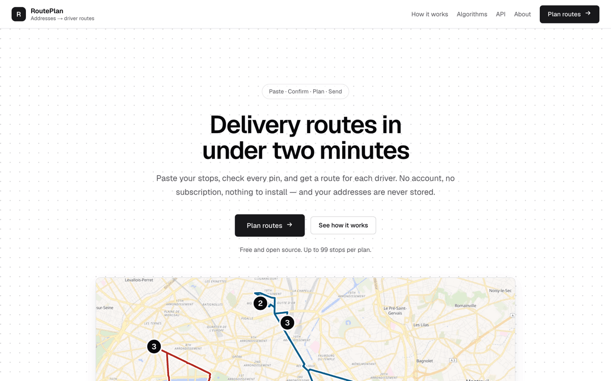 Landing page of RoutePlan